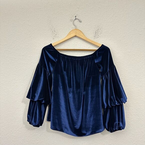 NWOT PETERSYN Lily Velvet Off-The-Shoulder Top Long Sleeve in Midnight Blue - Picture 1 of 10